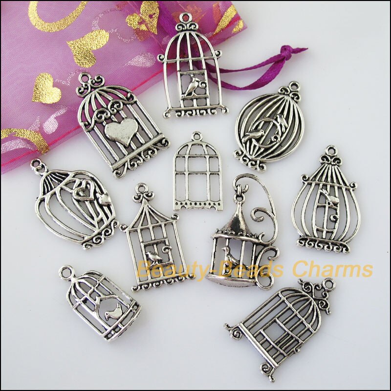10Pcs Anticato Argento di Colore FAI DA TE/Uccelli Gabbia Misto Pendenti e Ciondoli Pendenti con gemme e perle