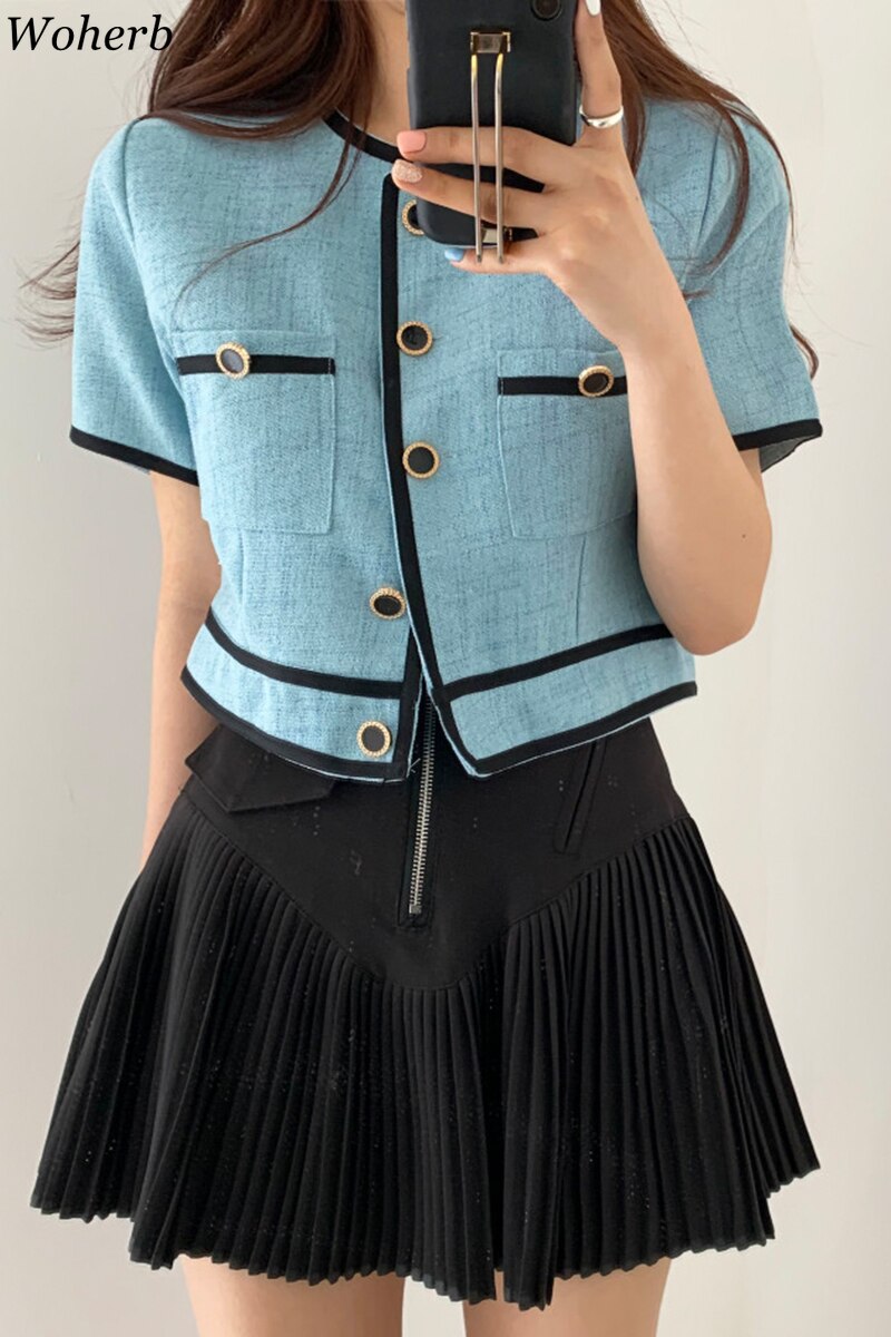 Woherb-Chaqueta para mujer ropa coreana con cuello redondo, abrigo de una botonadura, contraste de Color, fino corto, 92992