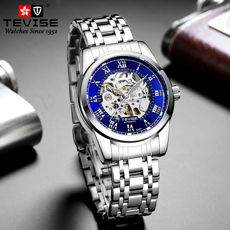 Tevise Horloges Roestvrij Staal Waterdicht Heren Skeleton Horloges Top Luxe Transparante Mechanische Sport Mannelijke Horloges