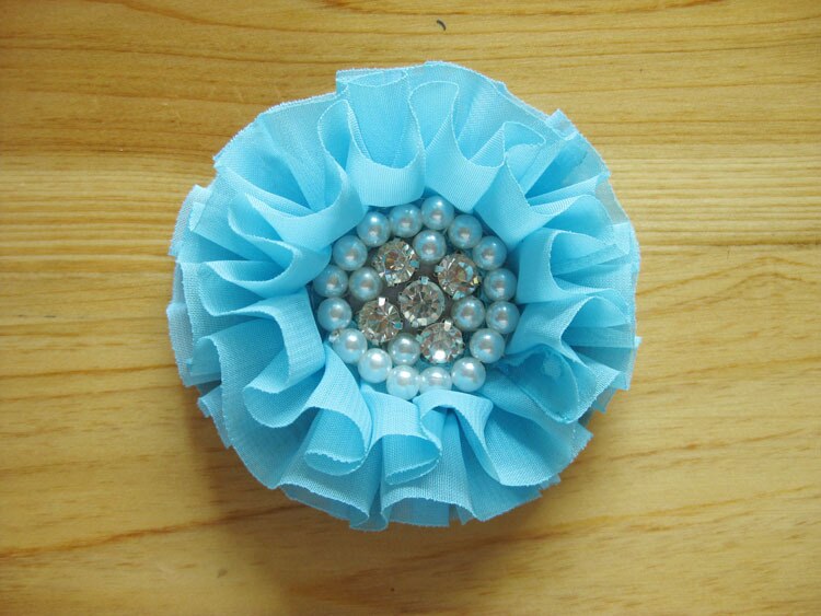 15 colours 30 stks/partij goedkope kralen stof chiffon verstoorde bloemen w/pearl rhinestone center voor baby bloem DIY haar accessoires