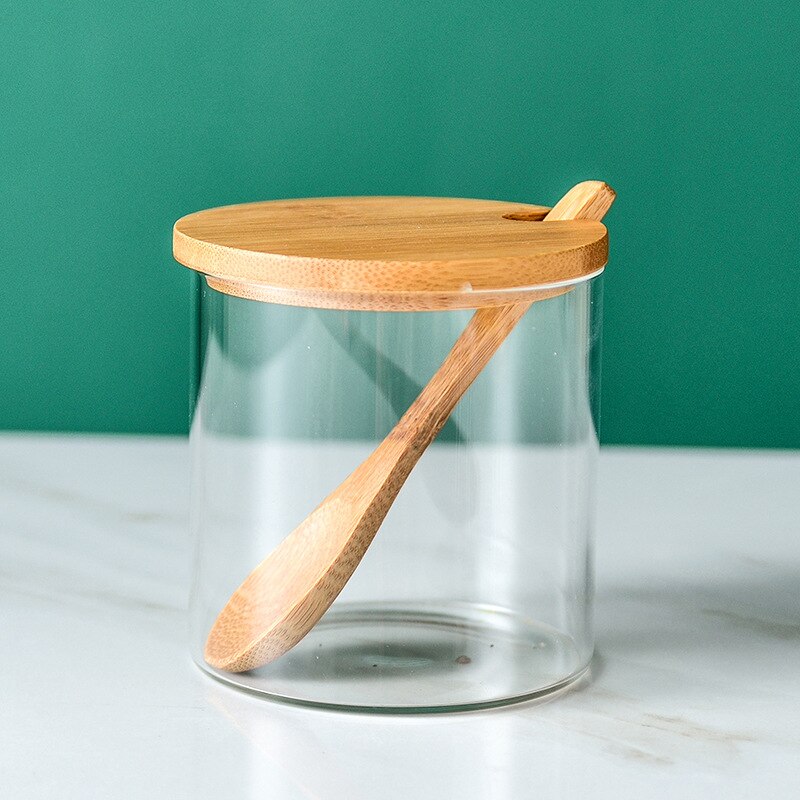 3 stk sett glass oppbevaringskrukke salt godteri kaker te kaffebønner arrangør flaske trelokk beholder krydder frokostblanding: En