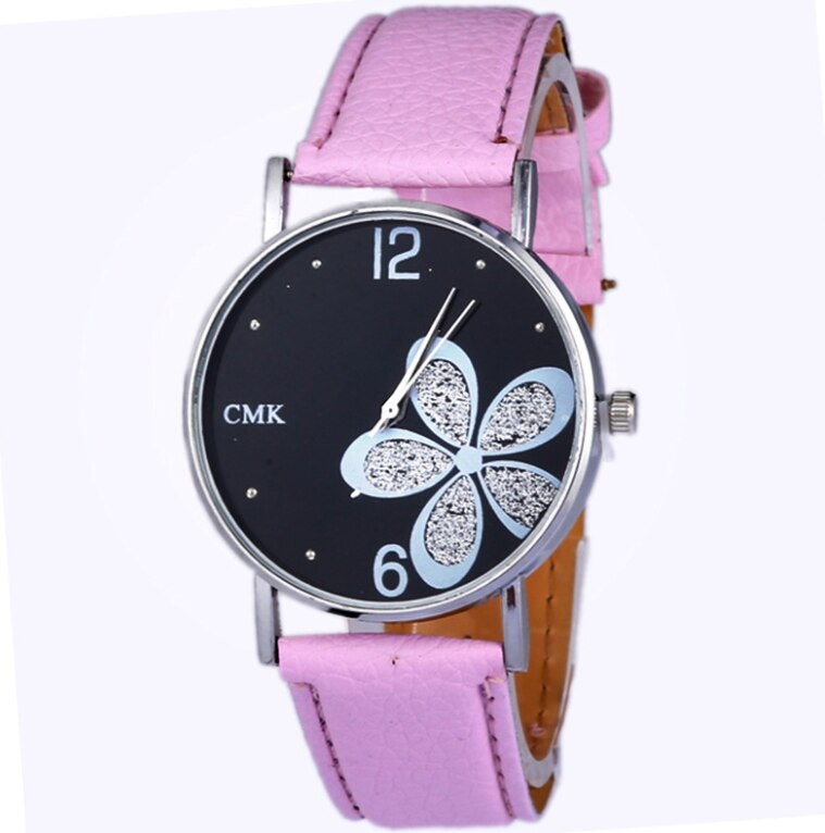 Horloges Vrouwen Mode Lederen Band Bloem Vrouwelijke Klok Dames Quartz Polshorloge Montre Femme Relogio Feminino: Roze
