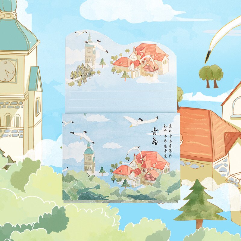 7 Cities Letter Paper Set Cartoon City Set Combination Stationery Postcard Color Page Envelope City Notes: letter paper 73