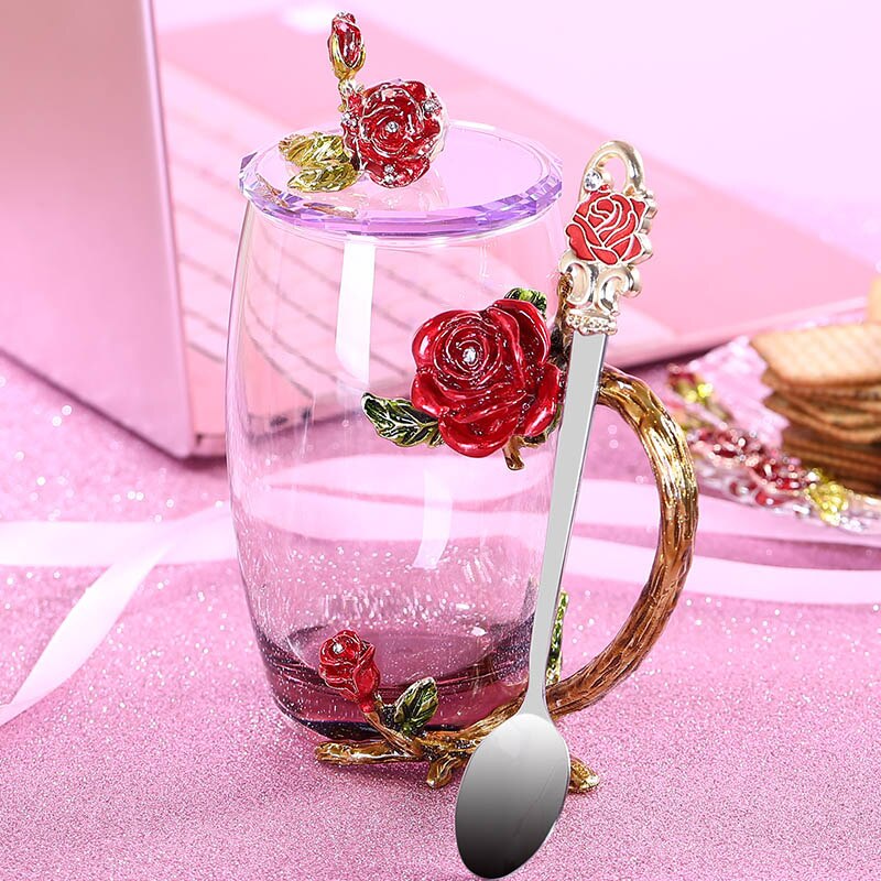 Rød rose emalje krystal krus blomst te glas høj kvalitet glas kop blomsterkrus med håndtag perfekt til elsker bryllup: 06