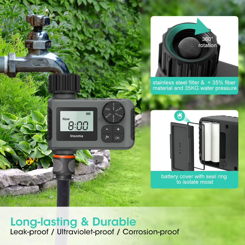 Temporizador de agua automático Insoma, sistema de riego inteligente, temporizador de aspersor, equipo programador de jardín, pantalla LCD IPX7
