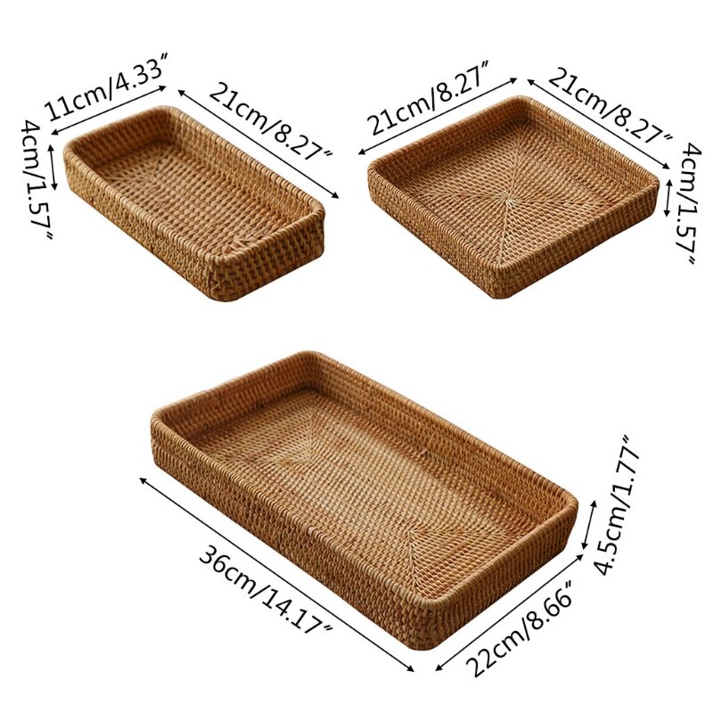 Rattan Storage Basket Rectangular Wicker Hand Woven Fruit Candy Bread Organizer