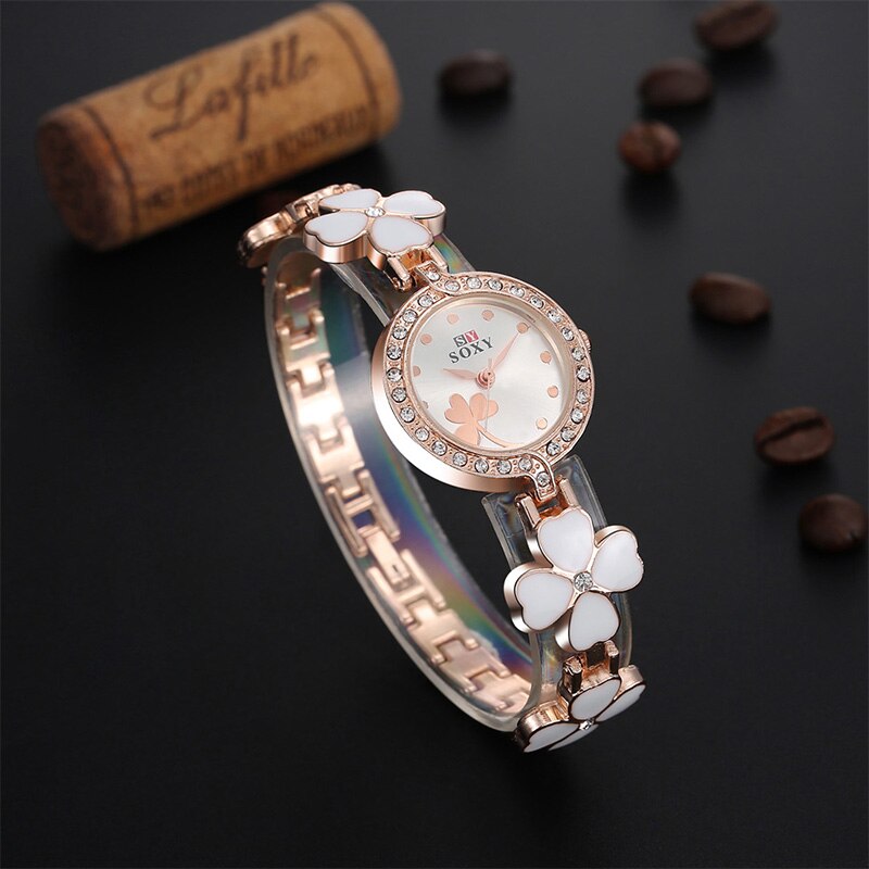 Soxy merk roségouden armbandhorloge dames luxe quartzhorloge met strass, volledig stalen bloemenhorloge dameshorloge relogio feminino