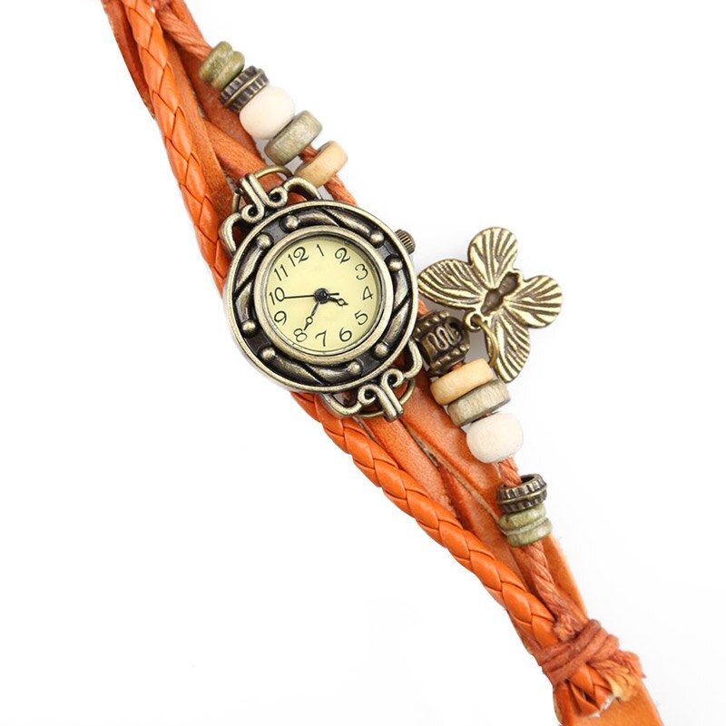 Vrouwen Retro Armband Polshorloge Weave Wrap Faux Lederen Vlinder Kralen Hanger Chain K2