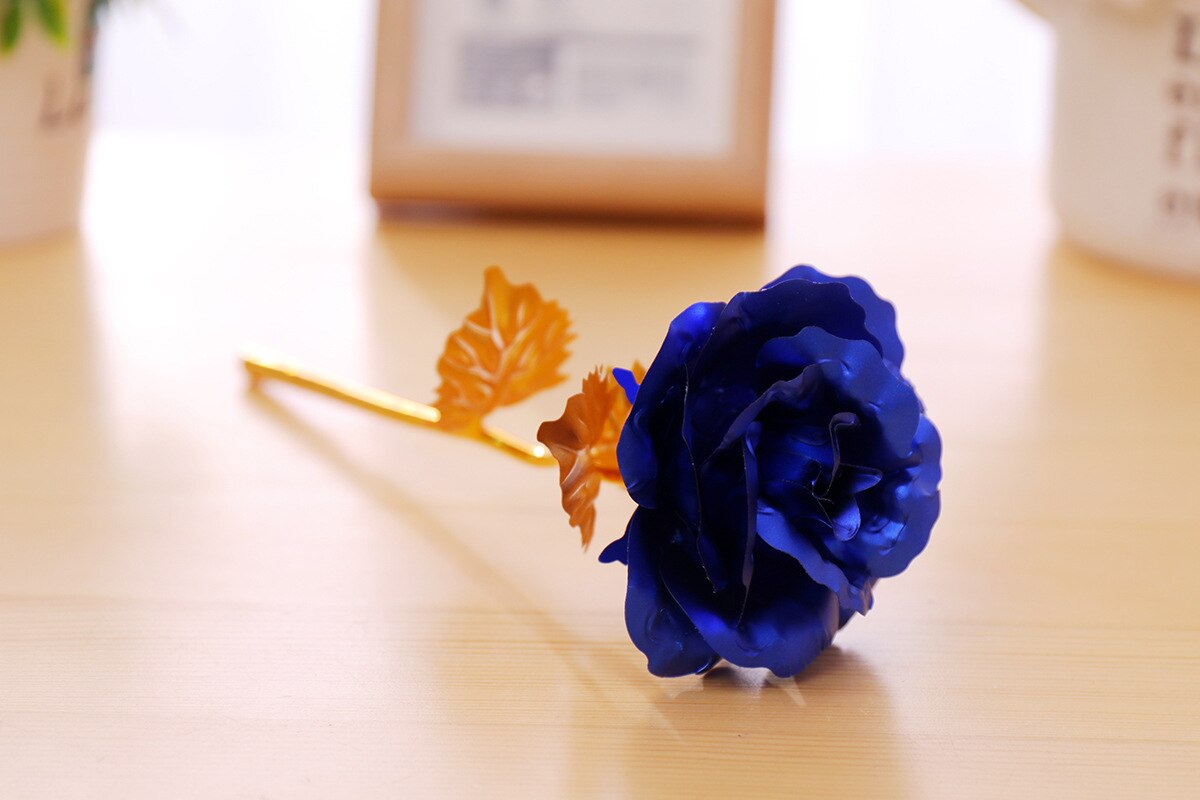 Love Base 24K Foil Plated Gold Rose Artificial Flowers Valentines Day Birthday for Girlfriend Wedding Decoration Bride: Va002-Blue