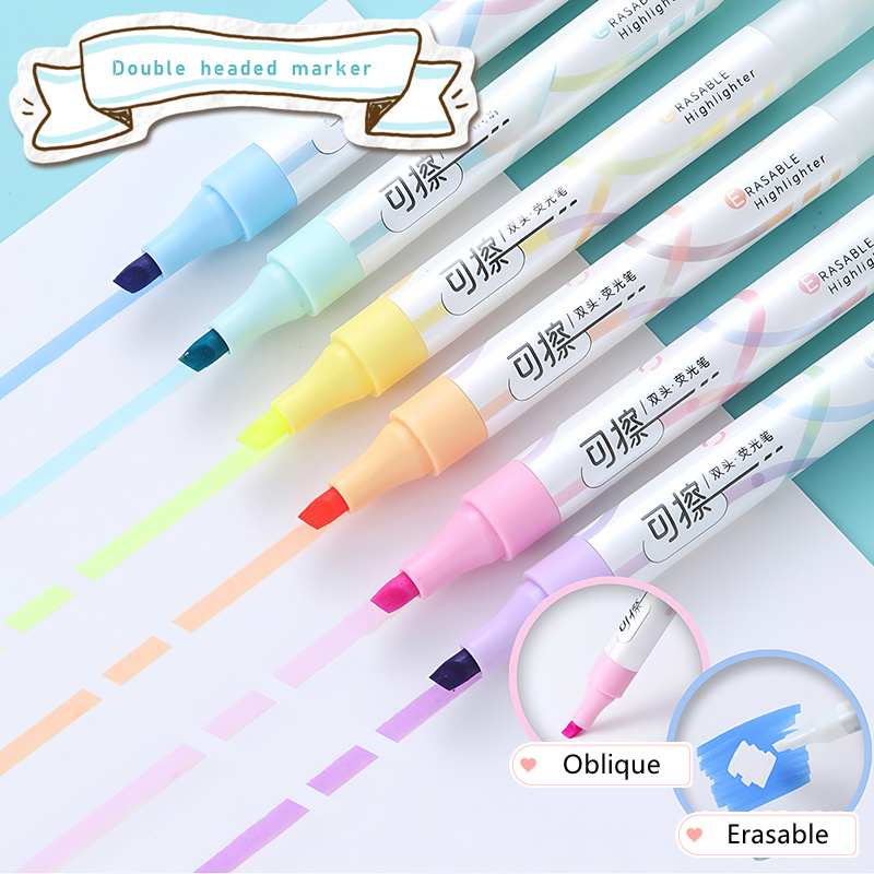 Juego de 6 resaltadores borrables Kawaii de colores, notas de doble cabeza para tomar el forro, marcadores de 4mm de espesor, bolígrafos fluorescentes para notas