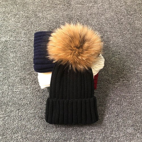 Vinter efterår piger drenge pels pom pom huer hatte bomuld hue hue til baby dejlige strikhuer med pels pompon hatte børn: Sort / Til børnestørrelse 46-53