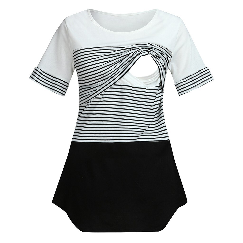 Maternity Clothes Women Maternity Short Sleeve Striped Nursing Baby Pregnancy shirt For Breastfeeding zwangerschaps kleding@30: Black  / L