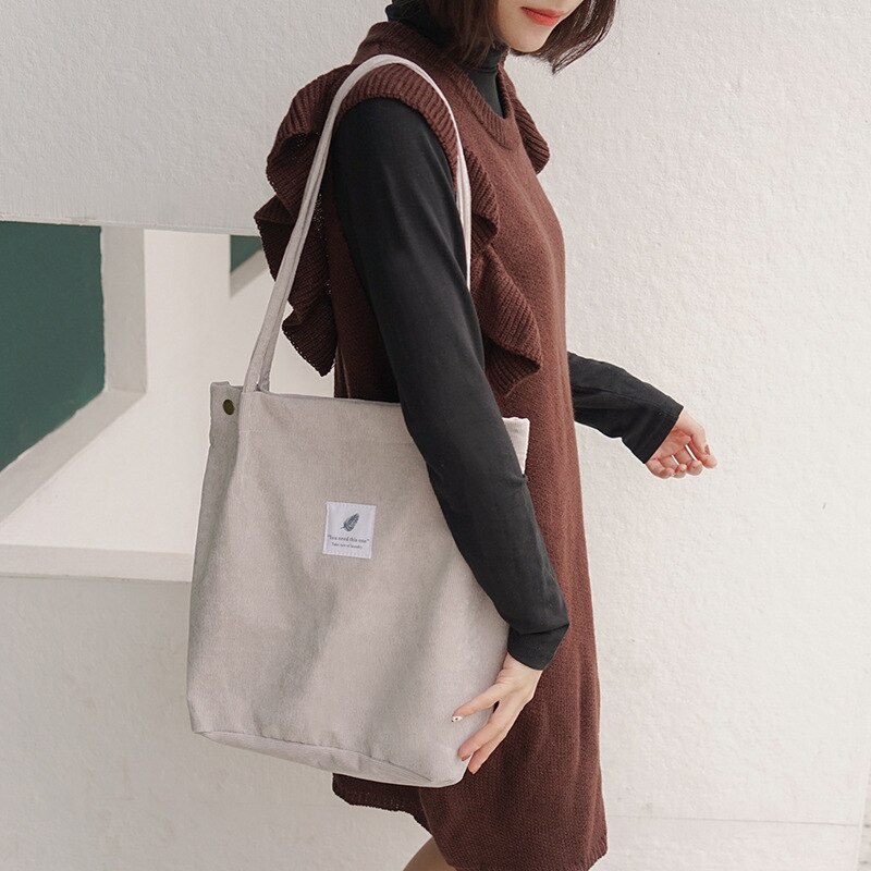 Women Canvas Tote Bag Corduroy Shopping Female Eco Cloth Handbag Big Women Folding Shoulder Reusable Foldable Shopper Bags: Gray