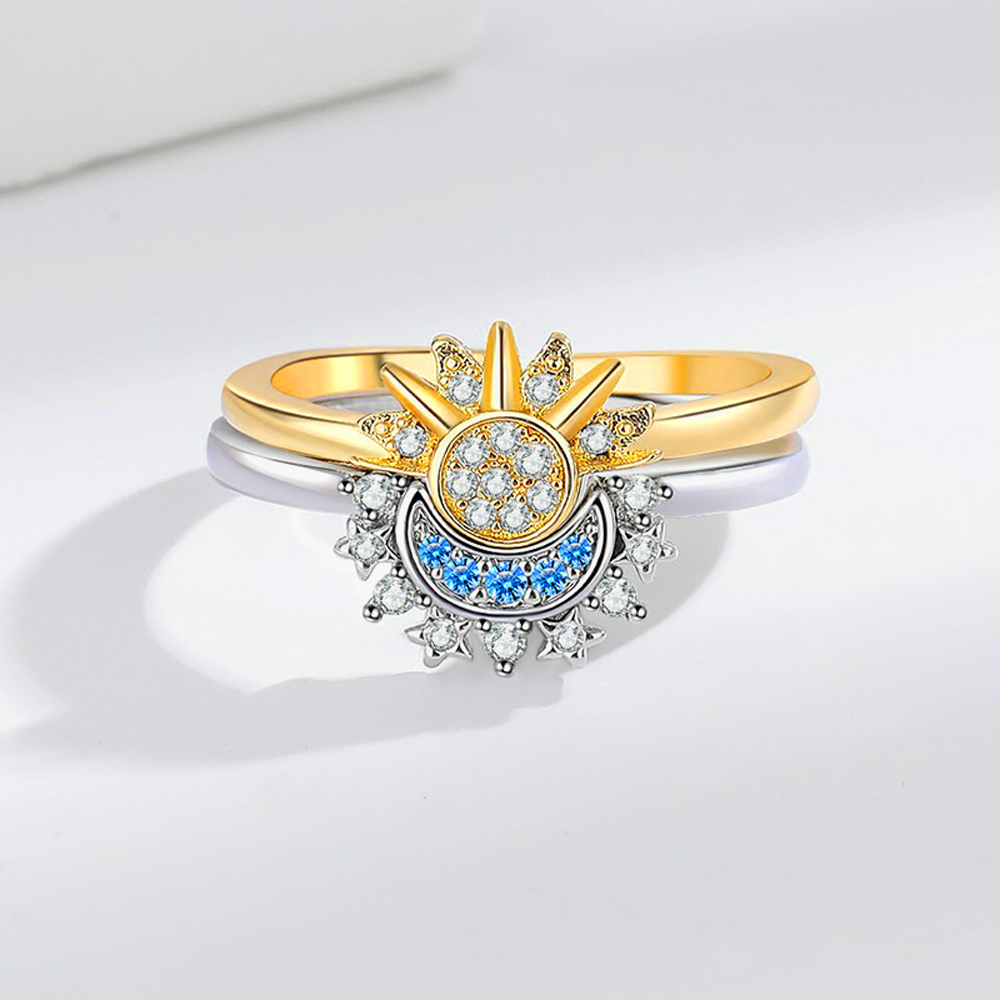 YILUOCD-Anillos de pareja ajustables con sol y luna brillantes, anillo de promesa abierto con circonita cúbica, joyería de compromiso apilable, del día 2024