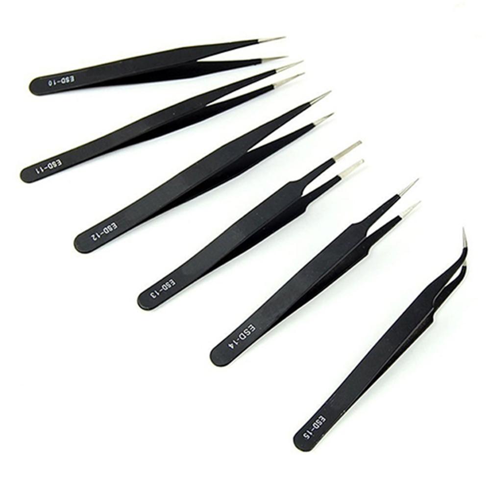 6 Pcs Tip Flat Head Precision Tweezers Set Stainless Steel Anti Static Tool Kit