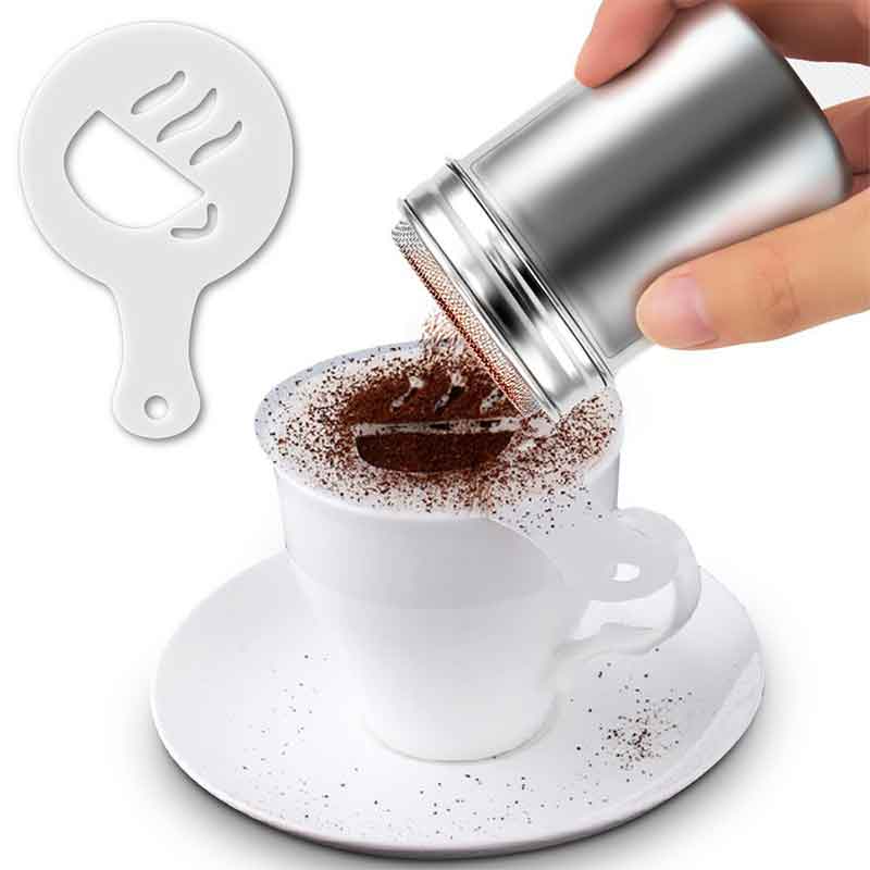 Rustfrit stål chokolade mixer salt og peber sukker kakaopulver kaffe sigte fancy kaffe udskrivning model kageform