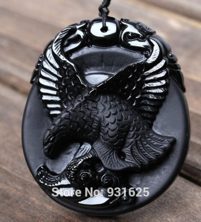 100% natürliche Schwarz Obsidian Geschnitzte Flying Eagle Glück Totem Anhänger + Kostenloser Perlen Halskette Schmuck für frau mann