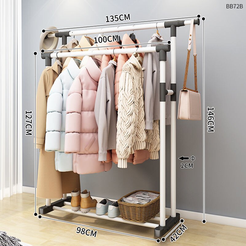 Clothes Rack Bold Single Rod Balcony Drying Rack Coat Rack Clothes Organizer: J135cm white double