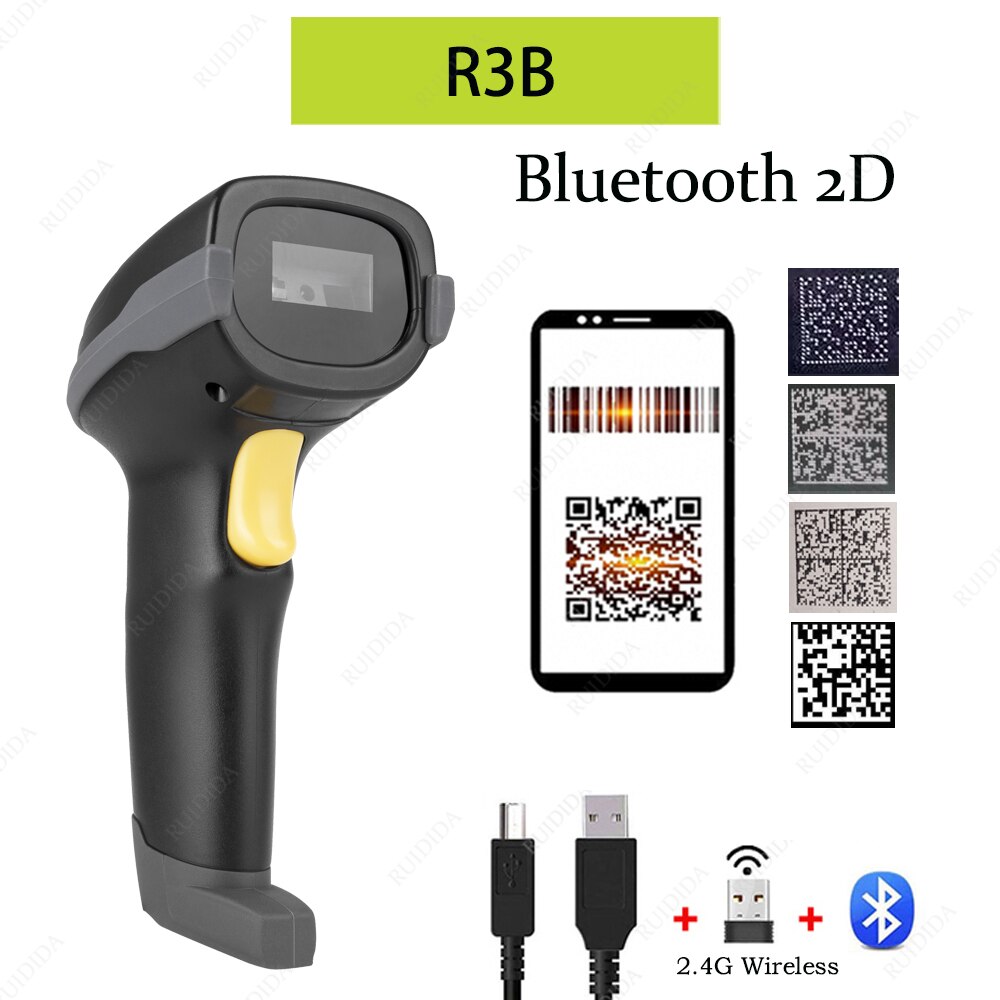 Scanner 2d Wireless with charging base qr Scanner Bluetooth Barcode Reader Code Bar Scanner Handheld Wireless Barcod PDF DM code: R3B   Bluetooth 2D