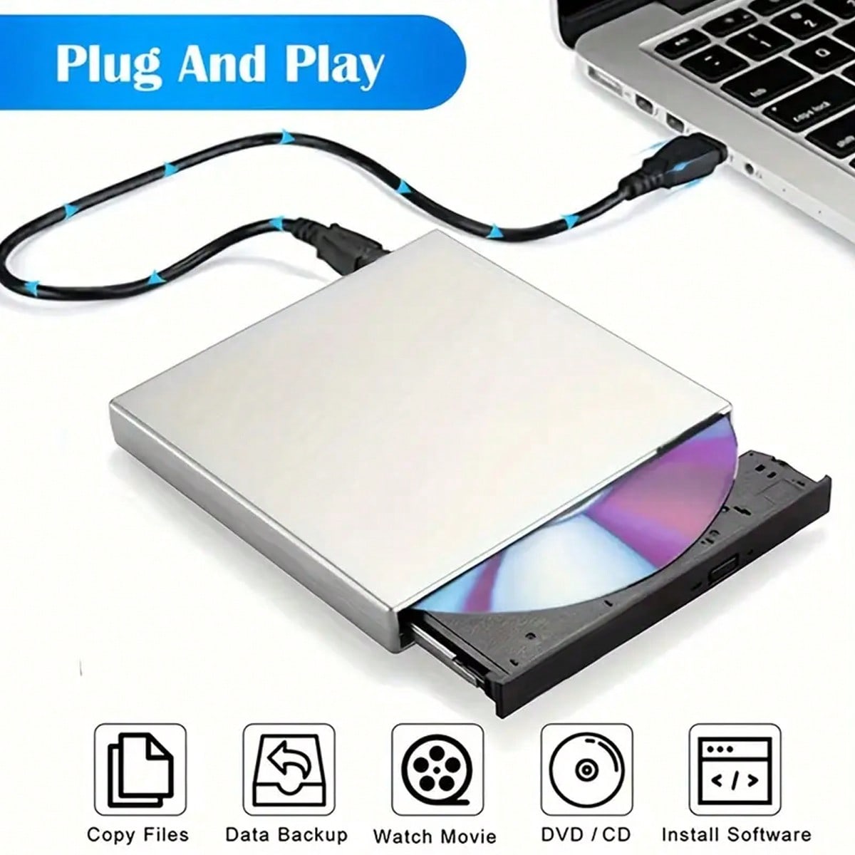 External CD/DVD Drive For Laptop, Portable Slim USB 2.0 CD/DVD Burner, CD/DVD+/-RW ROM Optical Drive For Laptop