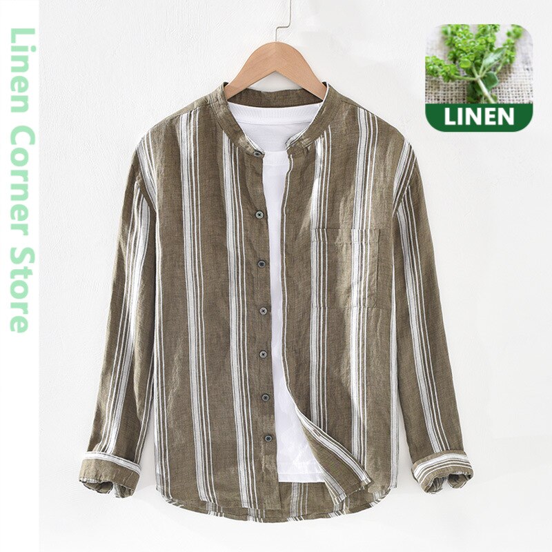 Retro overhemd voor heren zuiver linnen ademend gestreept mandarijnkraag casual gml 03-1937