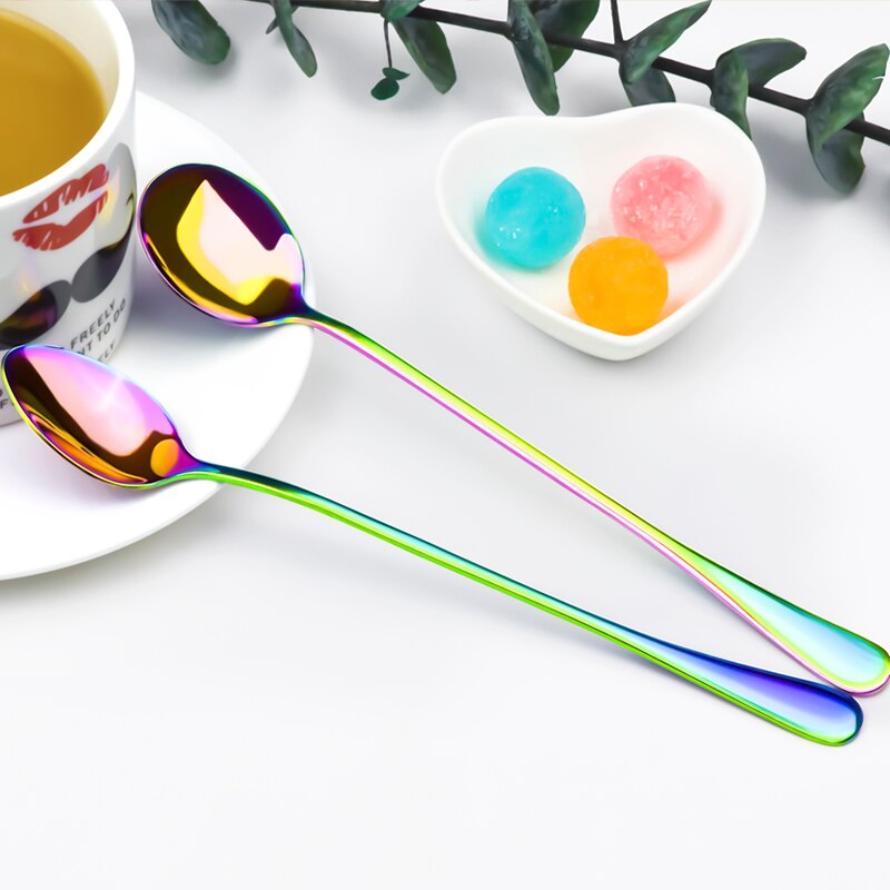 FHEAL 1 st Rvs Regenboog Koffie Lepels Lange Steel Mengen Roeren Thee Lepels Servies set Christmas