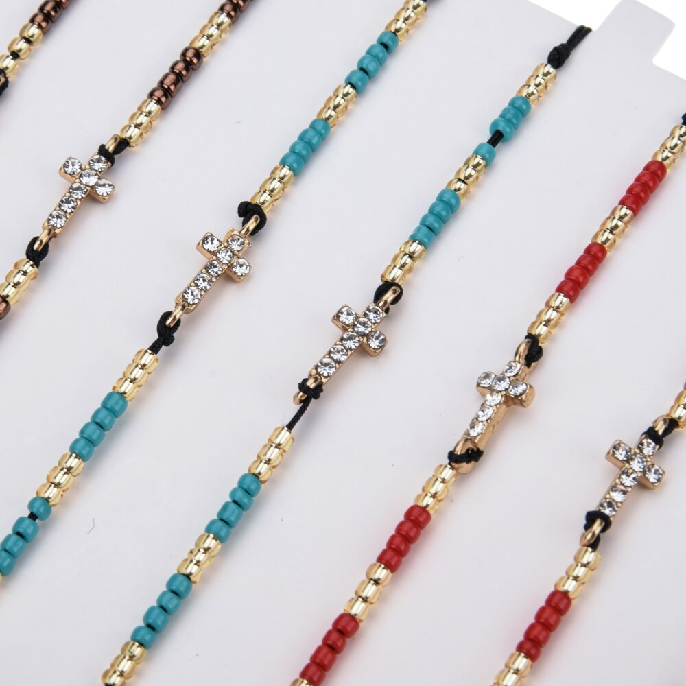 Boho Women Girl 12pcs/lot Rhinestone Cross Charms Bracelet Set Weave Adjustable Knot String Seed Bead Wristband Jewelry