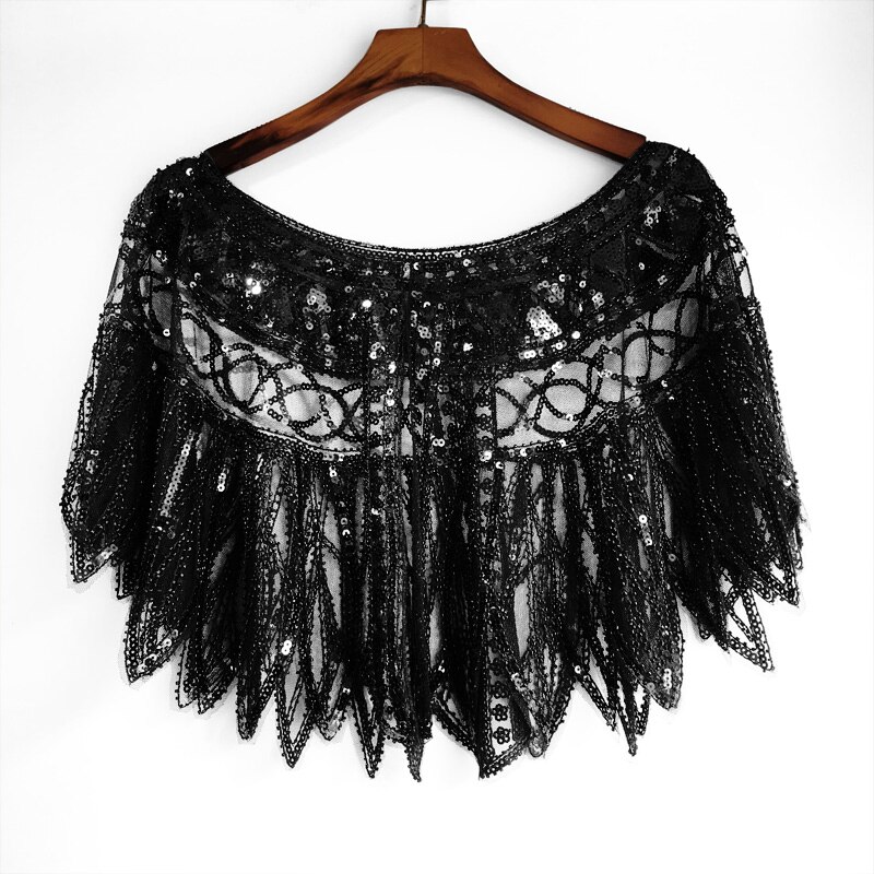 JaneVini, capa de lentejuelas ostentosas y ostentosas para mujer, estolas nupciales con cuentas para boda, chaqueta negra dorada, vestido de noche para , Boleros, tapetes: Black