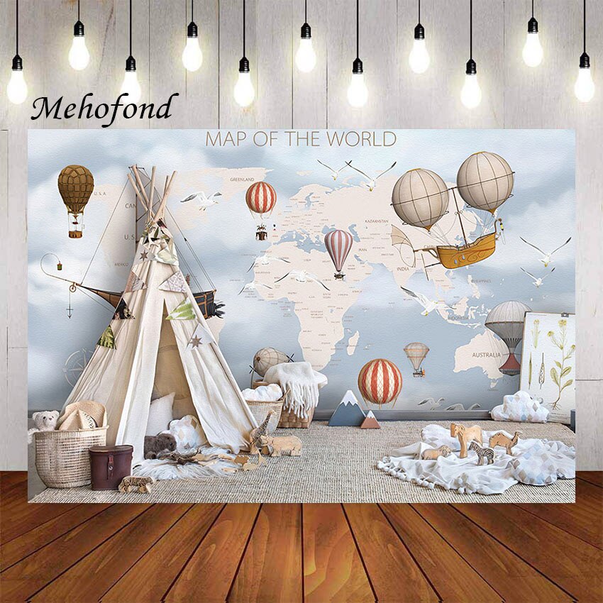 Mehofond – tente d'arrière-plan pour photographie, aventure, carte du monde Animal, garçon, gâteau Smash, fête d'anniversaire, décor, accessoires de Studio Photo