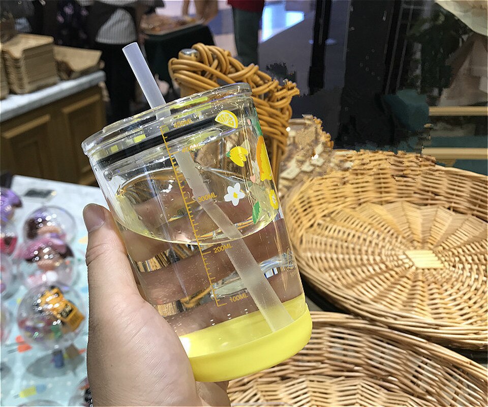 450Ml Aardbei Glazen Fles Stro Water Met Schaal Kawaii Transparante Melk Sap Koffie Thee Cup Mok Voor Kinderen