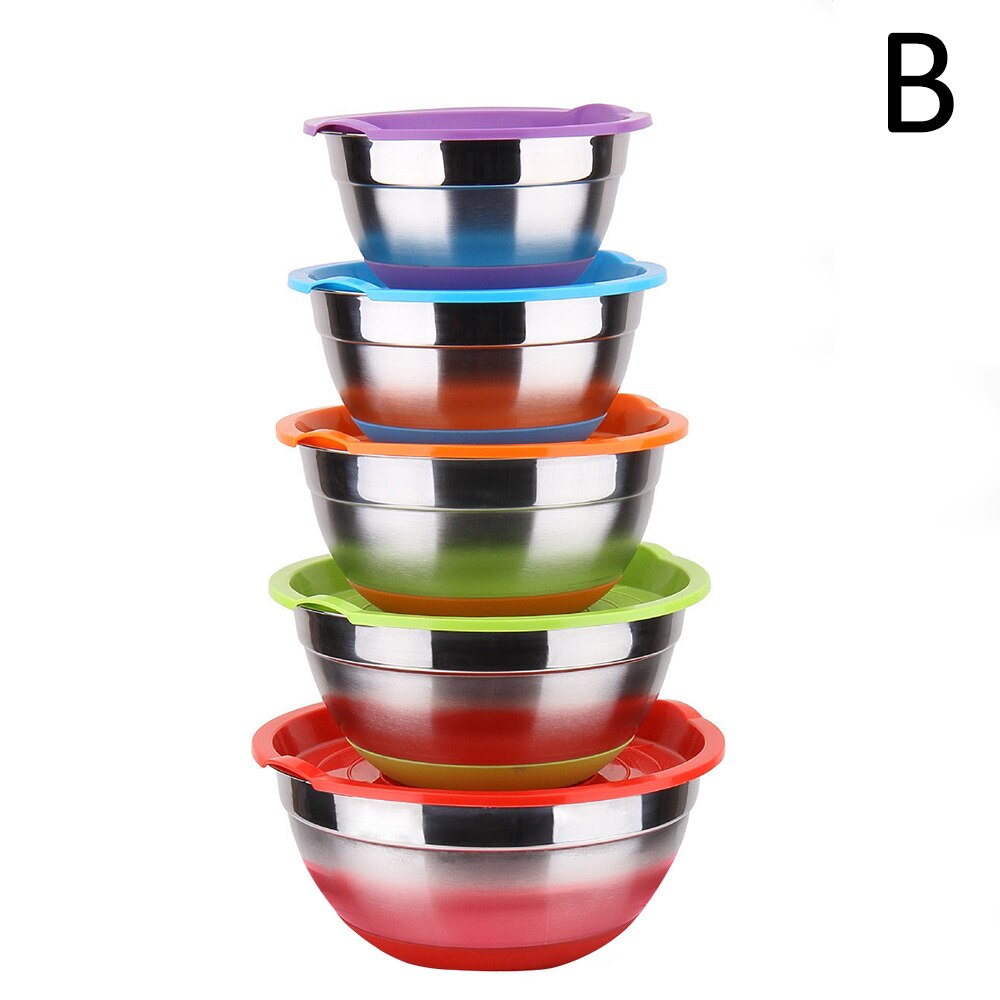 5 Stks/set Rvs Mixing Bowls Non Slip Siliconen Onderkant Hoge Capaciteit Nestelen Opslag Kommen Voor Voedsel Salade Koken Bakken: B with Lids