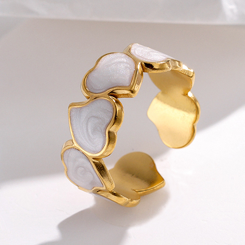 Anillos de corazón blanco y negro de acero inoxidable para mujer, anillos abiertos con goteo de aceite de Color dorado, joyería de boda, , bisutería para mujer