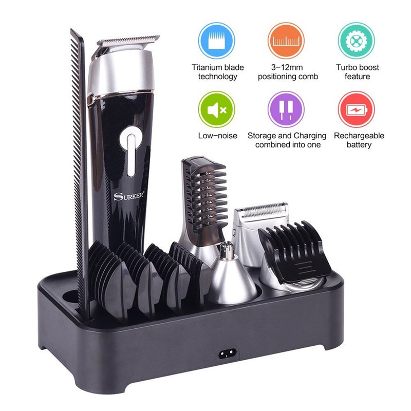 Surker SK-0068 5 en 1 110-240V électrique tondeuse à cheveux tondeuse à barbe étanche IPX 7 Rechargeable épilateur rasoir