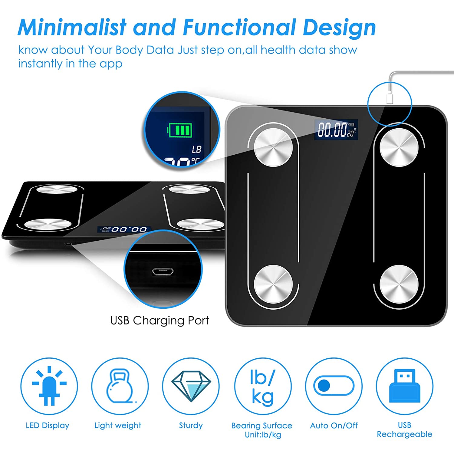 Digital Weight Scale Bathroom Body Fat Scale USB Rechargeable Bluetooth Scale BMI Monitor Analyzer Body Composition Measuremen