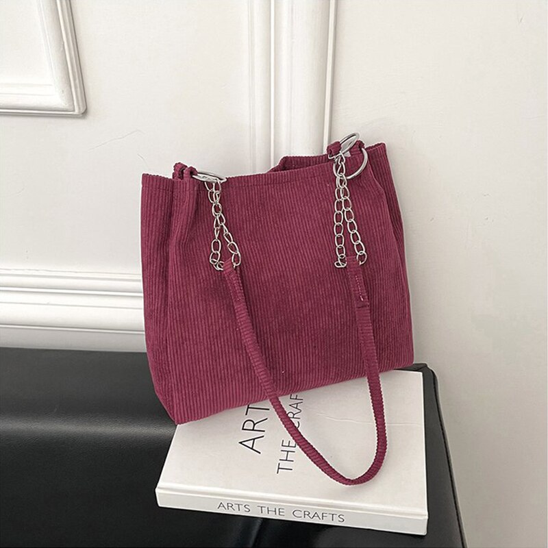 Vrouwen Schoudertassen 2022 Corduroy Tassen Meisjes Shopper Casual Grote Capaciteit Vintage Eenvoudige Metalen Ring Ketting Handtassen