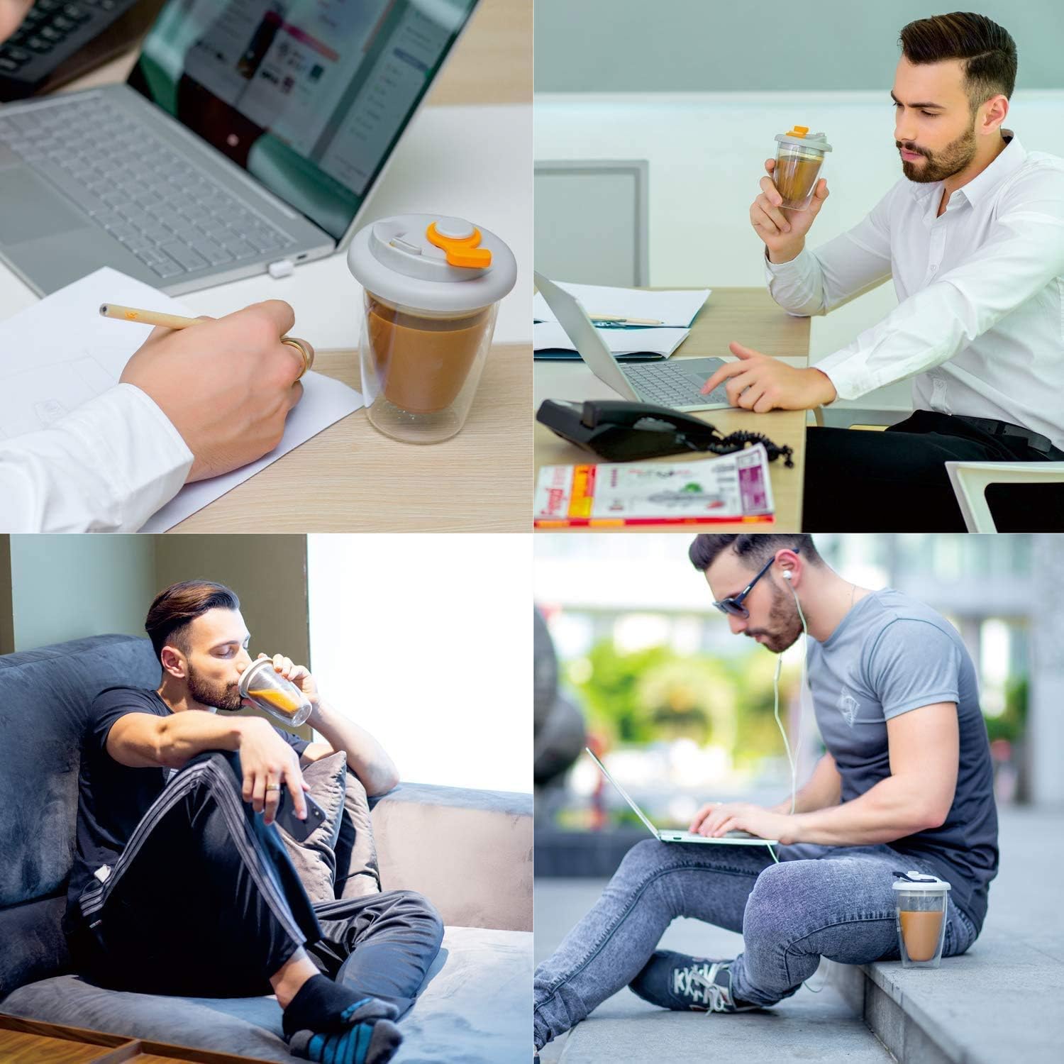 Dubbelwandige glazen bekers met deksel, herbruikbare geïsoleerde theemok, vaatwasmachinebestendig, milieuvriendelijk, koffiereismokken, vaatwasmachinebestendig