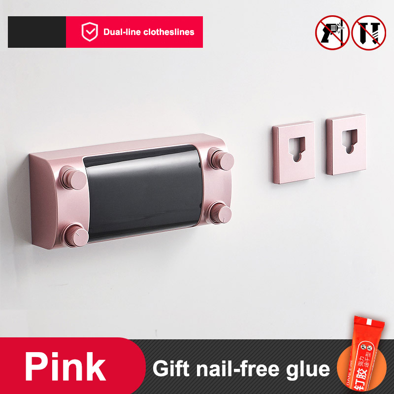 Retractable Clothes Line Double Layer Clothes Hanger Rope Stainless Steel Wall Hanger Cloth Drying Rack Towel Rack Clothesline: Pink