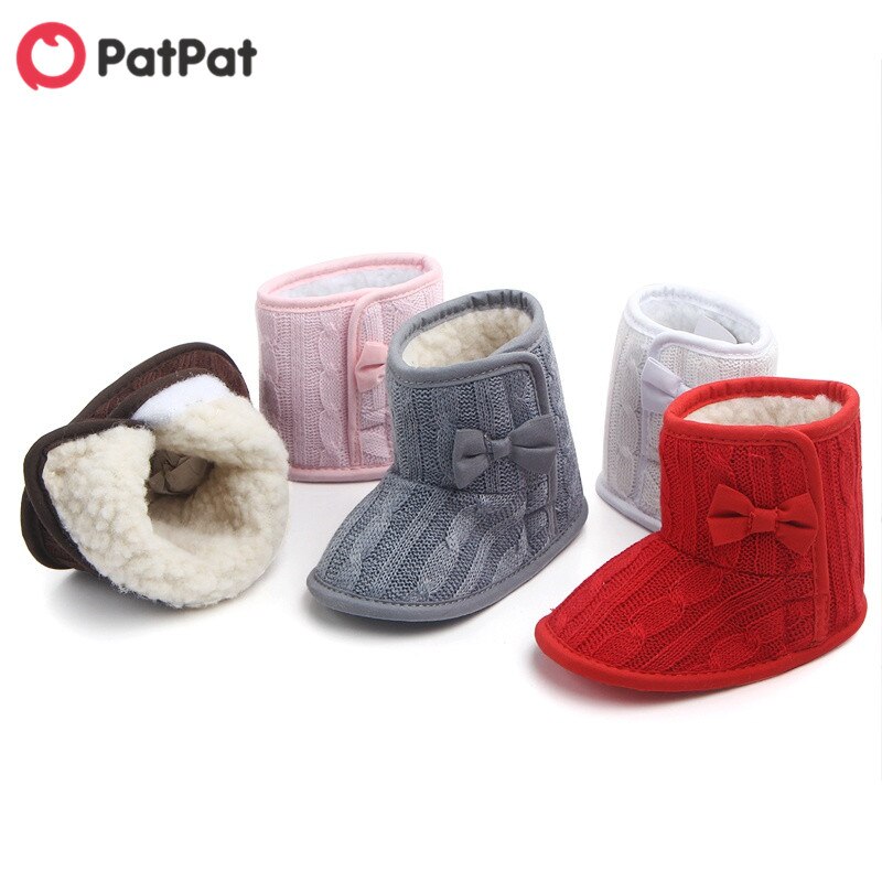 Patpat Winter Baby Peuter Meisje Solid Strik Decor Gebreide Furry Schoenen Voor Peuter Meisje Snowboots