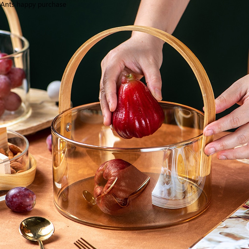 Nordisk stue glas frugtplade gennemsigtig isspand salatskål hjemmebrug snacks frugtopbevaringskurv med træhåndtag