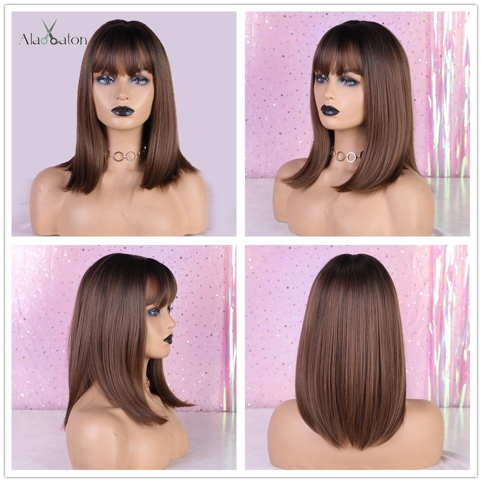 ALAN EATON Medium Bob Straight Hair Wig with Bangs Black Brown Synthetic Wigs with Highlights for Women African American Cosplay: lc200