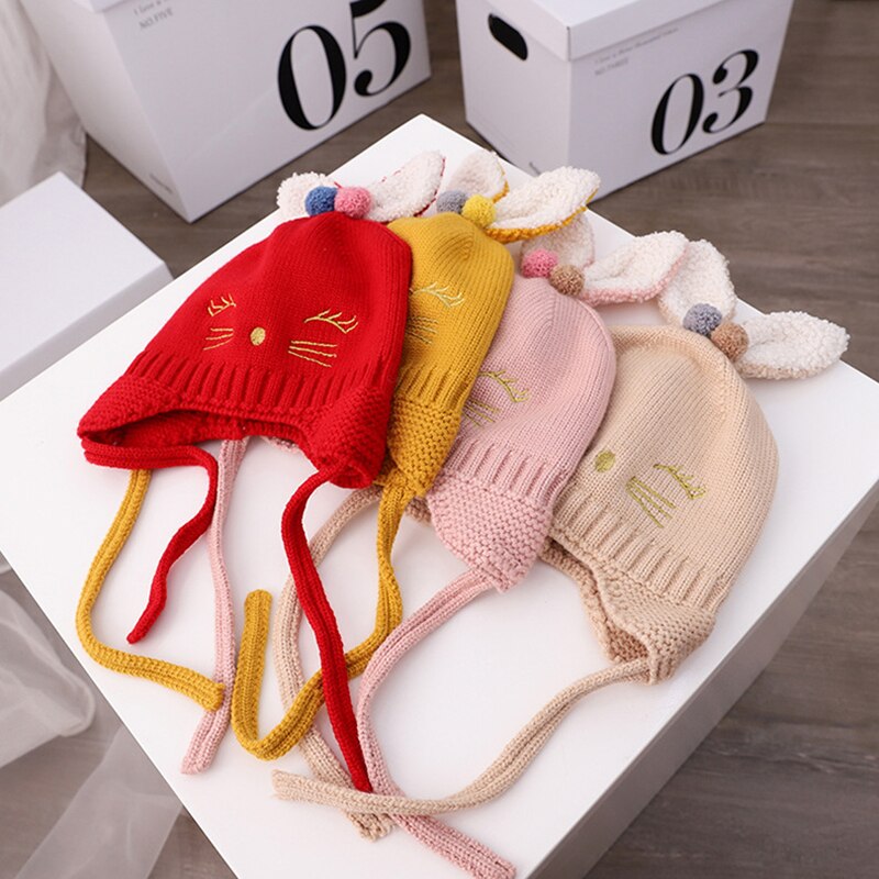 Schattige muts met konijnenoren voor babymeisjes, jongensaccessoires, warme gehoorbescherming, kindermuts, muts met pompon, gebreide wintermuts voor kinderen
