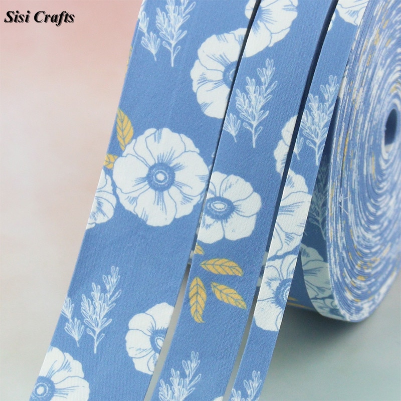 Sisi Crafts Floral Tape Light Blue Ribbon with Print Flower 10 25 40mm Cotton Fabric Bias Trim DIY Hair Bow Tie Collar Material