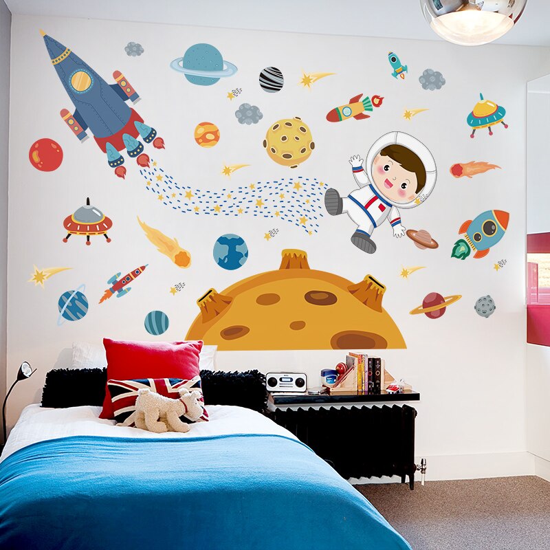 [shijuekongjian] ruimte muurstickers vinyl diy planeten raketten muurstickers voor kinderkamers babykamer huisdecoratie