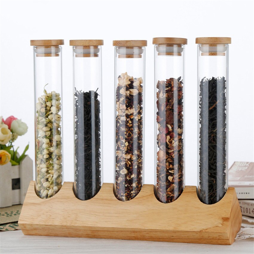 Wooden Coffee Beans Flower Tea Display Rack Stand Cereals canister Glass Test Tube sealed Storage Decorative Ornaments: 5 hole