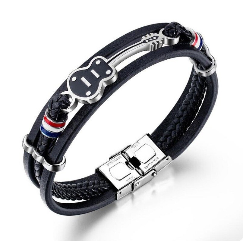 Pulsera de cuero multicapa para hombre, guitarra de acero inoxidable, estilo Hip Hop
