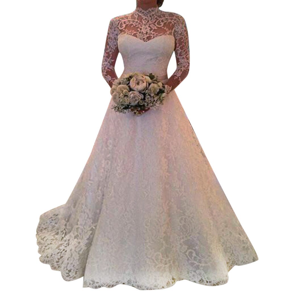 Women Long Sleeves Lace Wedding Dress Party Evening Slim Maxi Dresses women party night dress#1