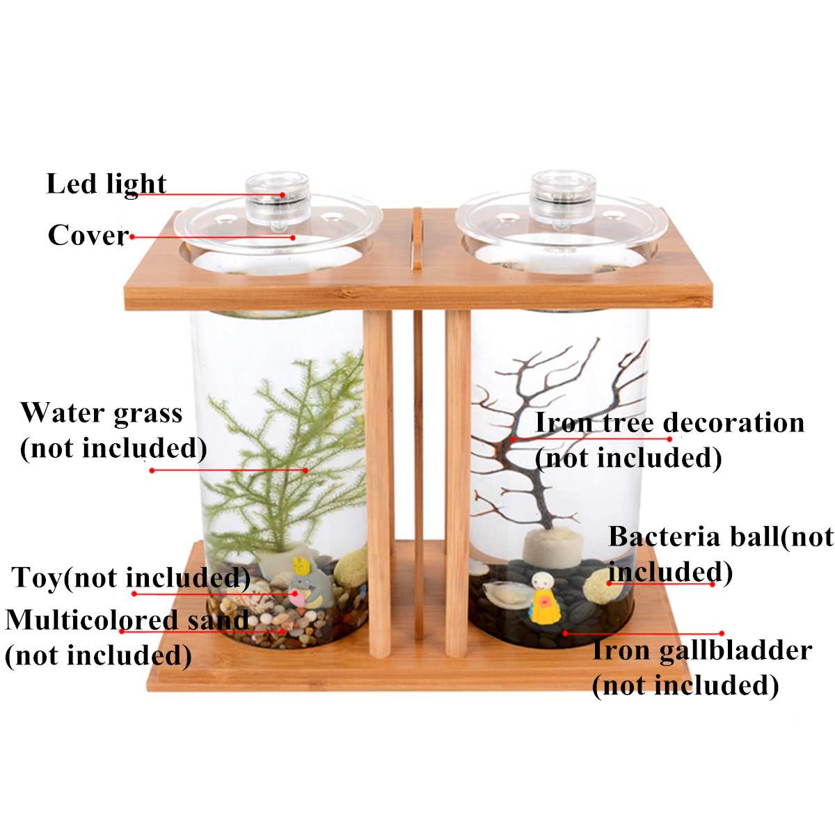 Mini acuario de bambú Mini claro doble cristal planta pecera iluminación LED peces de escritorio paisaje decoraciones de acuario accesorio