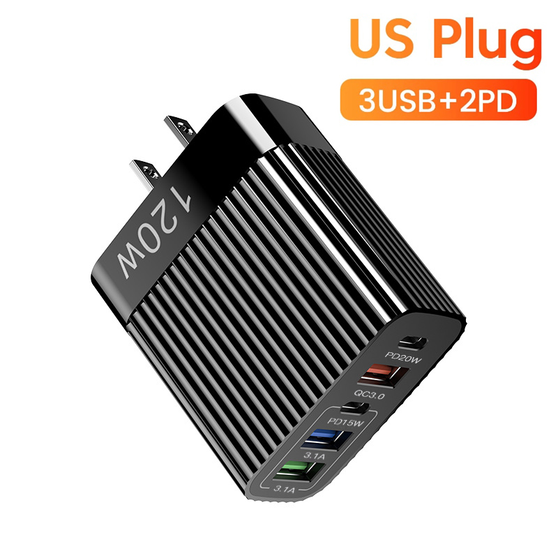 PD 120W GaN Cargador rápido 3,0 EE. UU. UE enchufe viaje portátil 5 puertos USB tipo C carga rápida adecuado para Android Ios iPhone Xiaomi: BR