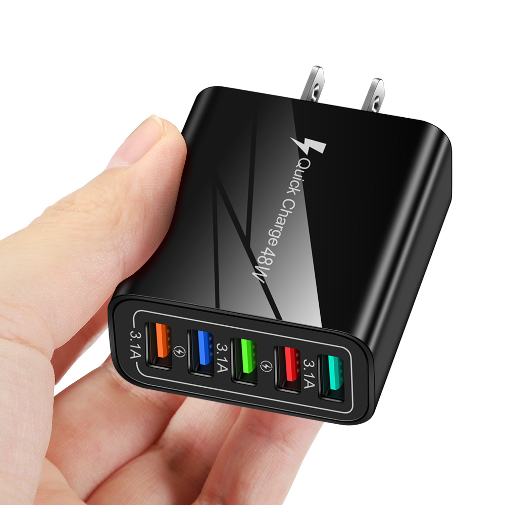 48W 5 USB Fast Phone Charger Quick Charge 3.0 Wall Mobile Phone Adapter for iPhone iPad Xiaomi Samsung Tablet QC 3.0 USB Charger: Black US