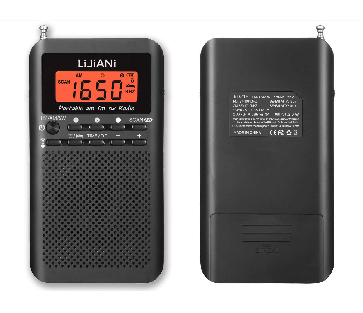 Rd218 fm/ am/sw-radio, bärbar batteri,  by 2 aa , stereohörlurar, lcd-skärm, digital väckarklocka, sovfunktion, ,9/10 steg, används över hela världen